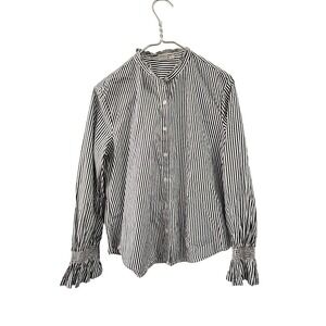 GAP Striped Ruffle Neck Blouse Black White Smocked Cuff Button Down Top Large